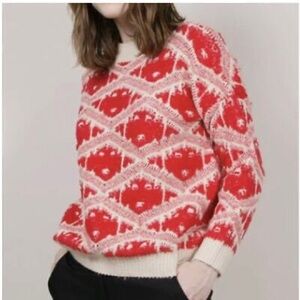 FRNCH Paris WMNS S/M Red Argyle Wool Blend Long Sleeves Pullover Sweater Winter